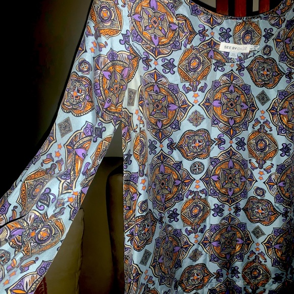 CHLOE Silk Blouse/ Bold Purple, Teal, and Mustard / Bell Sleeves - Picture 2 of 5